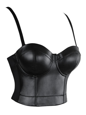 Moda para mujer Correas espaguetis Push Up Faux Leather Clubwear Bustier Crop Top Sujetador Negro Vista lateral