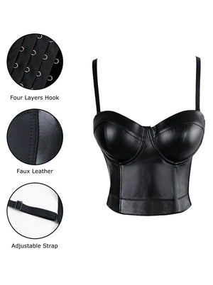 Sutiã feminino vintage com alças finas push up de couro sintético com bustiê top preto vista de detalhes