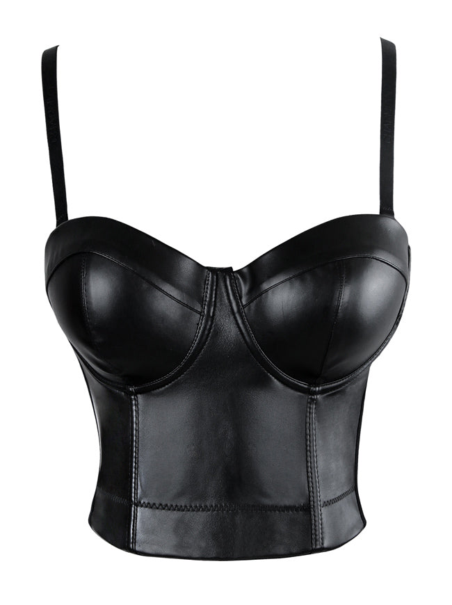 Spaghetti Straps PU Leather Bustier Crop Top Main View