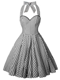 Charmian Damen 1950er Vintage Retro Ärmelloses Swing Blumen Neckholder Korsett Kleid Schwarz Plaid Hauptbild