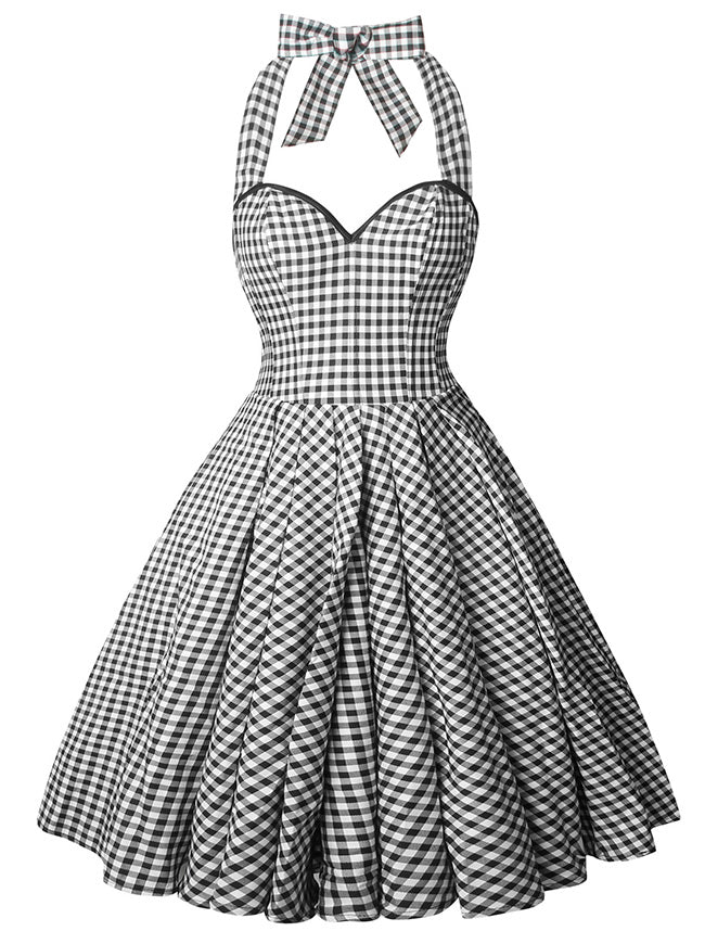 Charmian Damen 1950er Vintage Retro Ärmelloses Swing Blumen Neckholder Korsett Kleid Schwarz Plaid Hauptbild