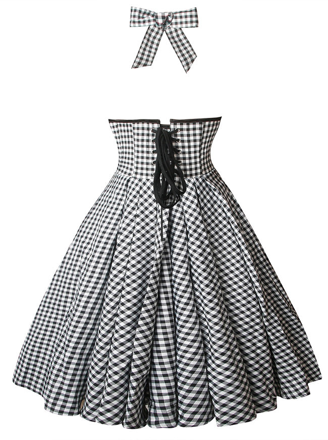 Neckholder-Kariertes Rockabilly-Swing-Party-Cocktailkleid, Rückansicht