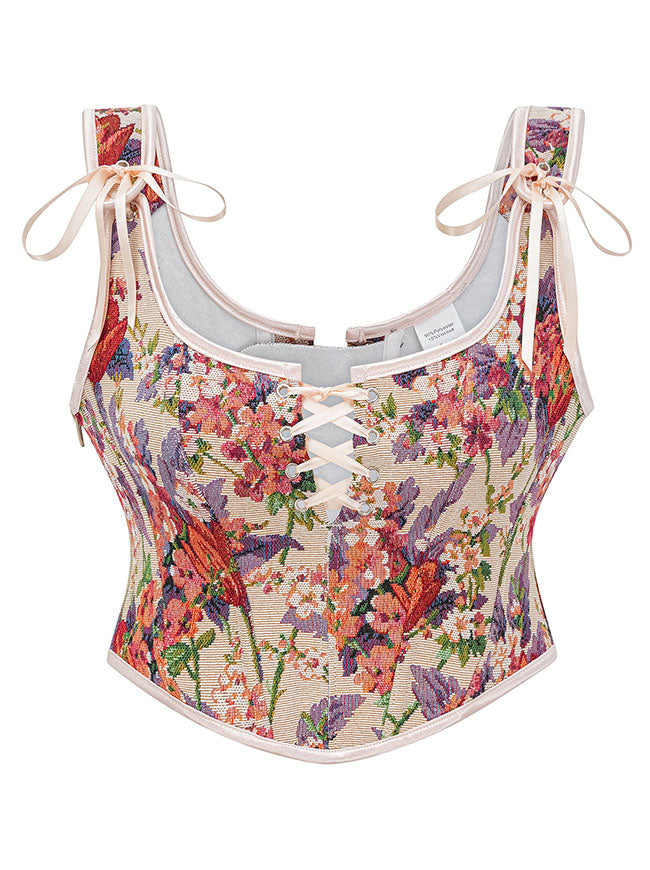 Charmian Women's Renaissance Vintage Floral Lace Up Corset Bustier Top Apricot Main Image