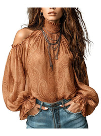 Women's Bohemian Paisley Print High Collar Ruffle Sleeve Chiffon Blouse Brown Main Image