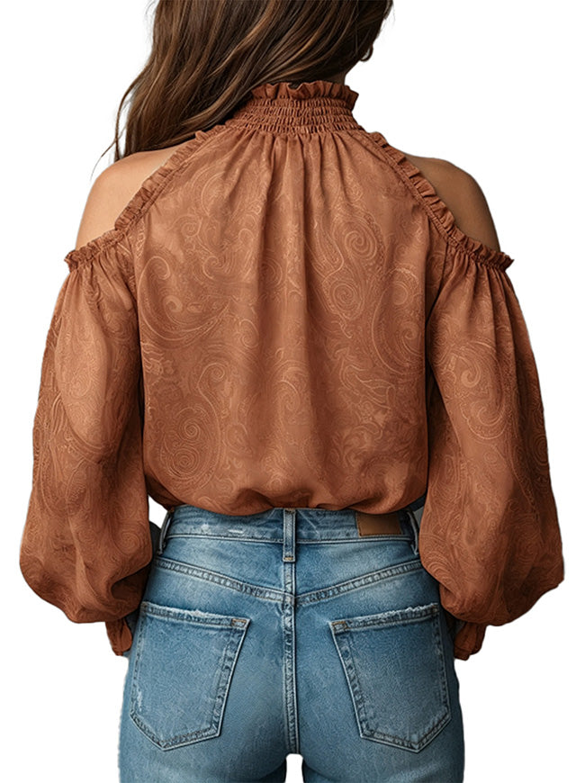 Womens Boho Floral Long Sleeve Loose Chiffon Blouses Back View