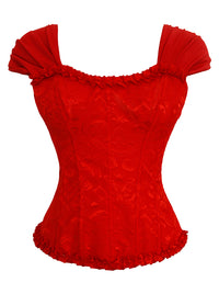Corsé de mujer estilo victoriano vintage de brocado con volantes, mangas cortas, cierre de cordones y cremallera, color rojo. Imagen principal.