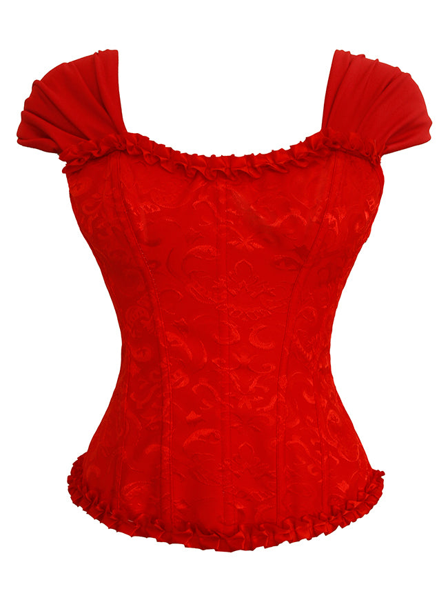Corsé de mujer estilo victoriano vintage de brocado con volantes, mangas cortas, cierre de cordones y cremallera, color rojo. Imagen principal.