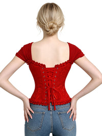 Corsé victoriano con mangas cortas, corsé rojo moldeador de cuerpo, vista lateral.