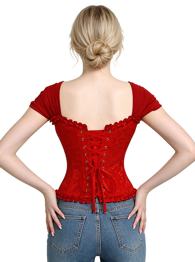 Corsé victoriano con mangas cortas, corsé rojo moldeador de cuerpo, vista lateral.