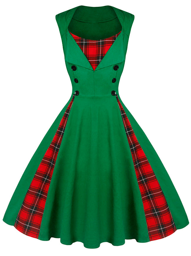 Killreal Damen 1950er Jahre Stil Retro Vintage Rockabilly Kleid mit kariertem Patchwork Grün Plaid Hauptbild