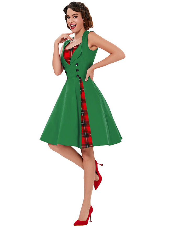 1950s Style Retro Vintage Rockabilly Dress with Plaid Patchwork - Black / XX-Large 1950s Style Retro Vintage Rockabilly Dress with Plaid Patchwork - Black / XX-Large