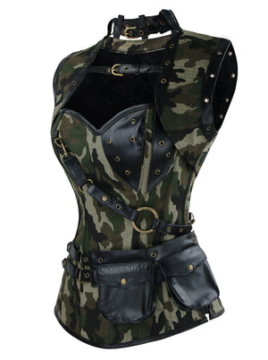 Corset Steampunk Spiral Steel à col haut désossé pour femme avec veste et ceinture Vue latérale de camouflage