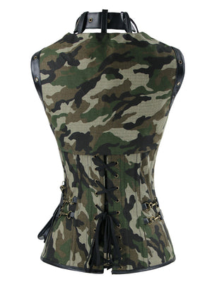 Women's Gothic Spiral Steel Boned High Neck Waist Cincher Corset with Jacket and Belt Camouflage Back View
