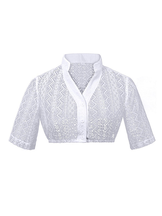Charmian Women's Renaissance Lace Dirndl Blouse V Neck Short Sleeves Oktoberfest Shirt Button/White Main Image