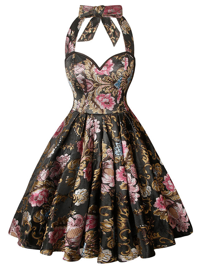 1950s Vintage Retro Sleeveless Swing Floral Halter Corset Dress Black Peony Main Image