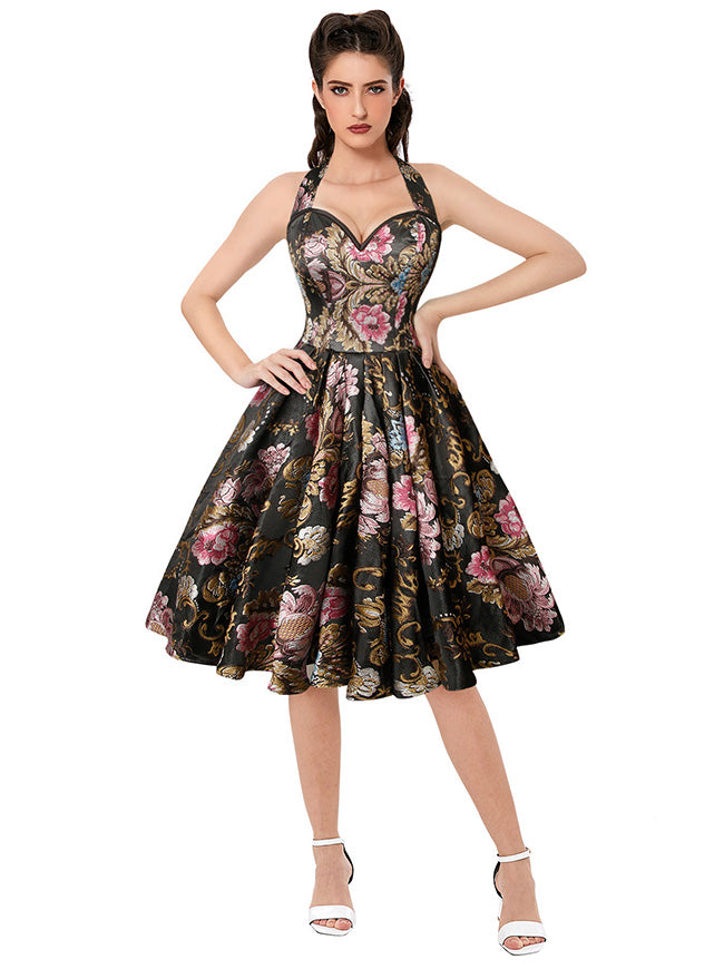 1950s Vintage Retro Sleeveless Swing Floral Halter Corset Dress Multicolored / S/Fit Waist 25.2