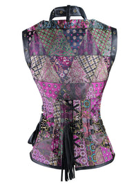 Damen Gothic Spiral Steel Boned High Neck Taille Cincher Korsett mit Jacke und Gürtel Mehrfarbige Rückansicht