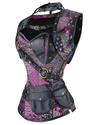 Corset à col haut en brocart désossé en acier Steampunk pour femmes avec veste et ceinture vue latérale multicolore