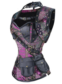 Steampunk Spiral Steel Broed Brokade High Neck Korsett für Frauen mit Jacke und Gürtel Mehrfarbige Seitenansicht