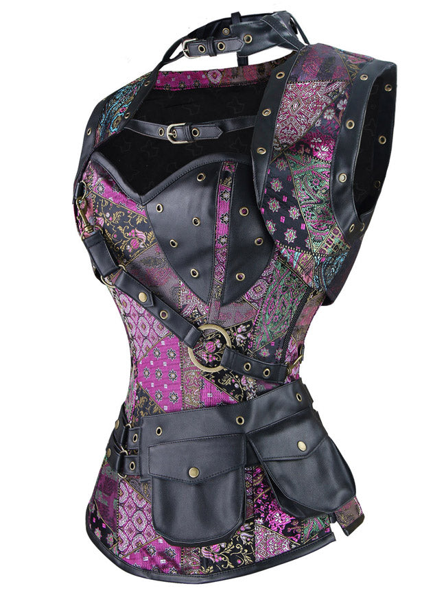 Steampunk Spiral Steel Broed Brokade High Neck Korsett für Frauen mit Jacke und Gürtel Mehrfarbige Seitenansicht