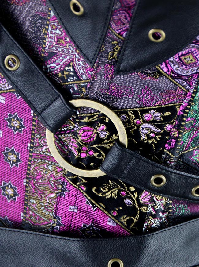 مشد نسائي من الجلد الصناعي ذو رقبة عالية مع سترة وحزام متعدد الألوان لعرض التفاصيل