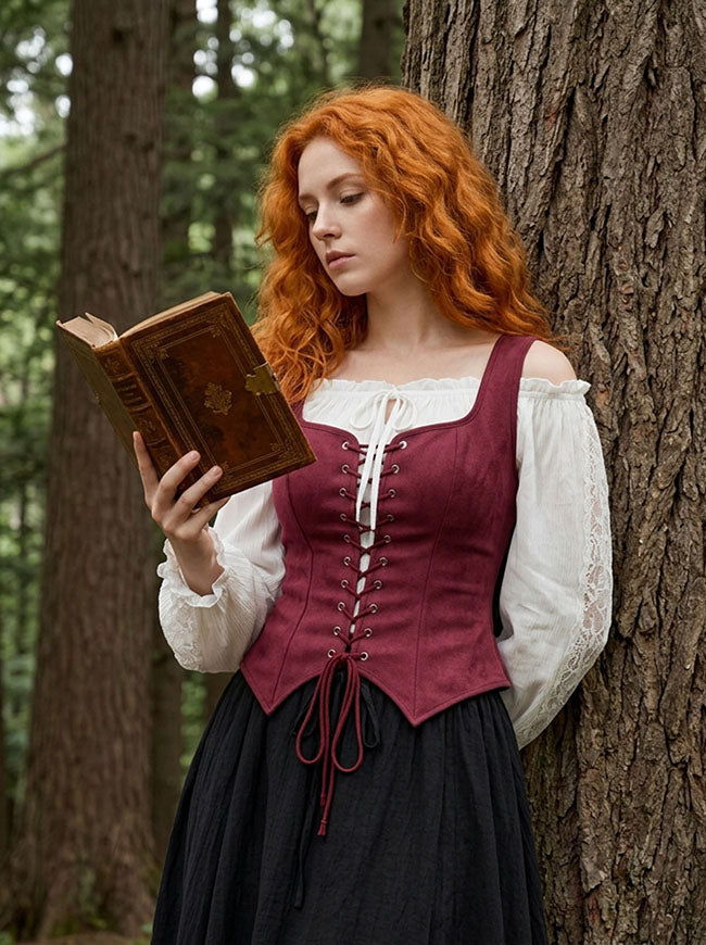 Wine Red Renaissance Corset Vest Sleeveless Lace Up Model View