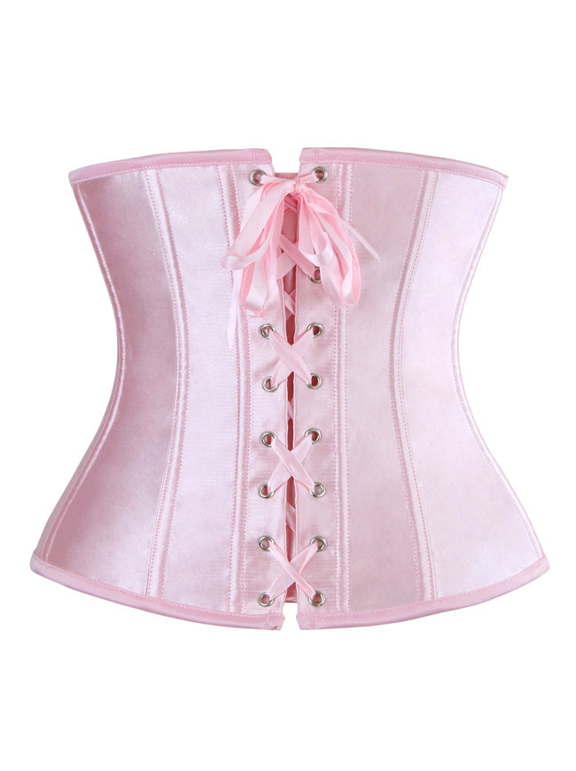Elegantes, klassisch-rosa Satin-Punk-Steampunk-Trägerloses Schnür-Body Shapewear-Unterbrustkorsett-Top, Rückansicht