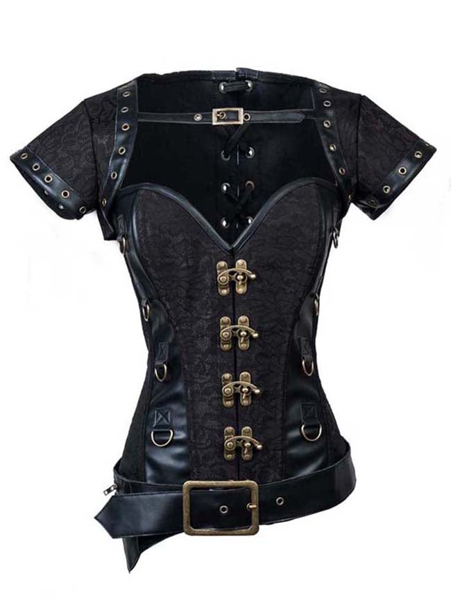 Spiral Steel Boned Steampunk Retro Brocade and Leather Overbust Corset with Jacket and Belt Main Image
