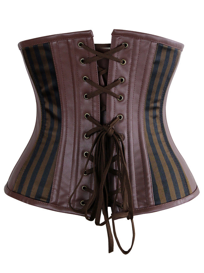 Women's Steampunk Spiral Steel Boned Zipper Underbust Corset with Buckles Light Brown Back View