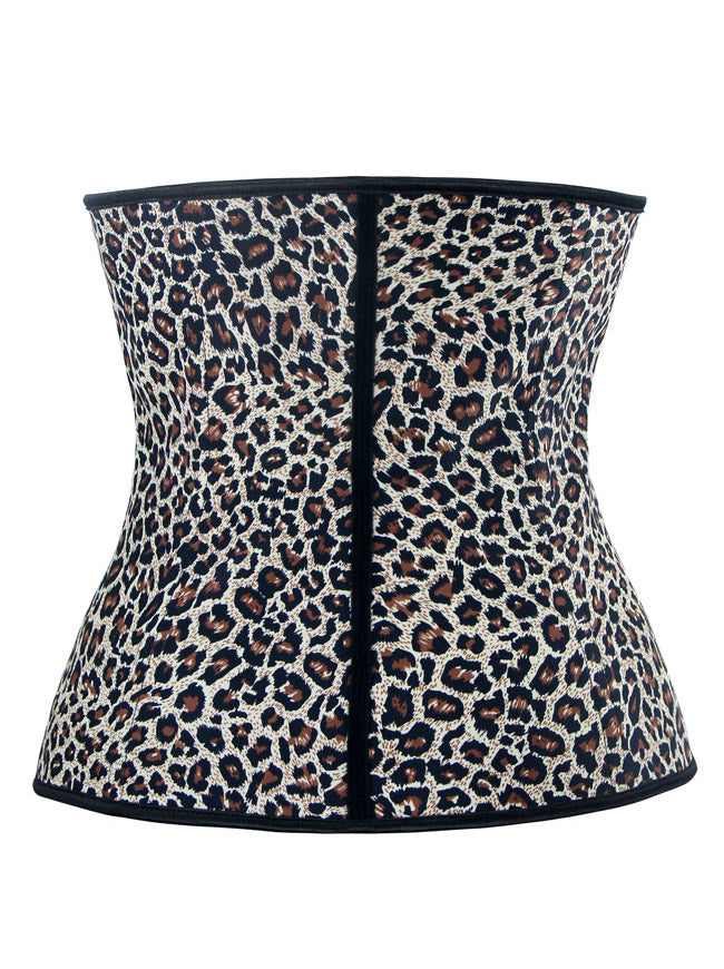 Women's Steel Boned Latex Hooks Waist Trainer for Weight Loss Underbust White Leopard Back View