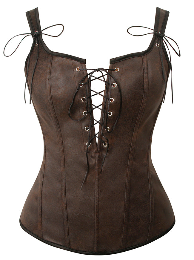 Charmian Women's Renaissance Vintage Lace Up Pirate Overbust Corset Bustier with Zipper Brown Main Image