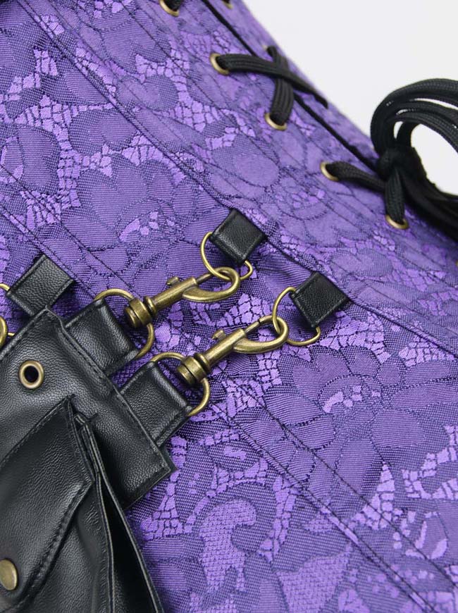 Steampunk-inspiriertes Brokat-Korsett mit Stahlstäben, Schnürung und Gürtel – Detailansicht