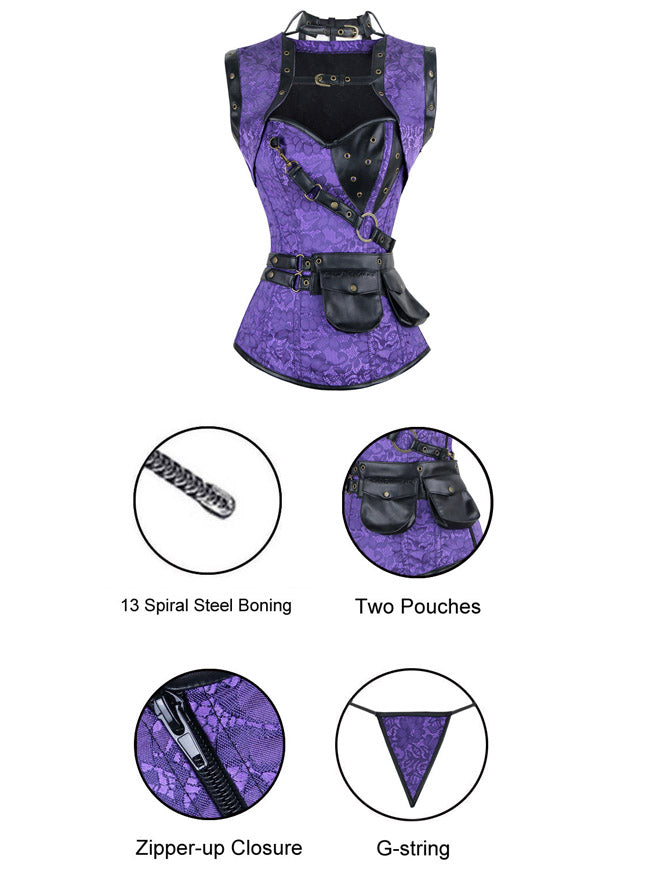 Viktorianisch-gotisches Bustier-Korsett mit floralem Brokatmuster, Schnürung und Jacke (Detailansicht)