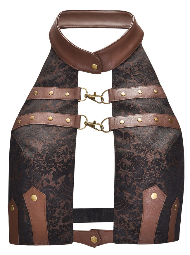 Steampunk Jacquard Halter Backless Leather Tank Top Detail View