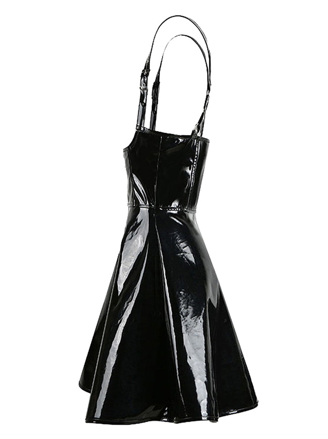 Faux Leather Flared Suspender Brace Skirt Side View
