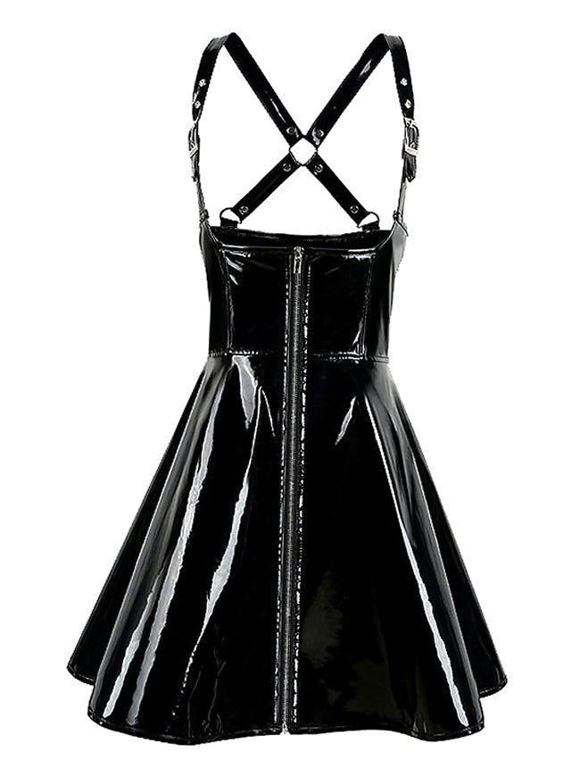 Faux Leather Flared Suspender Brace Skirt