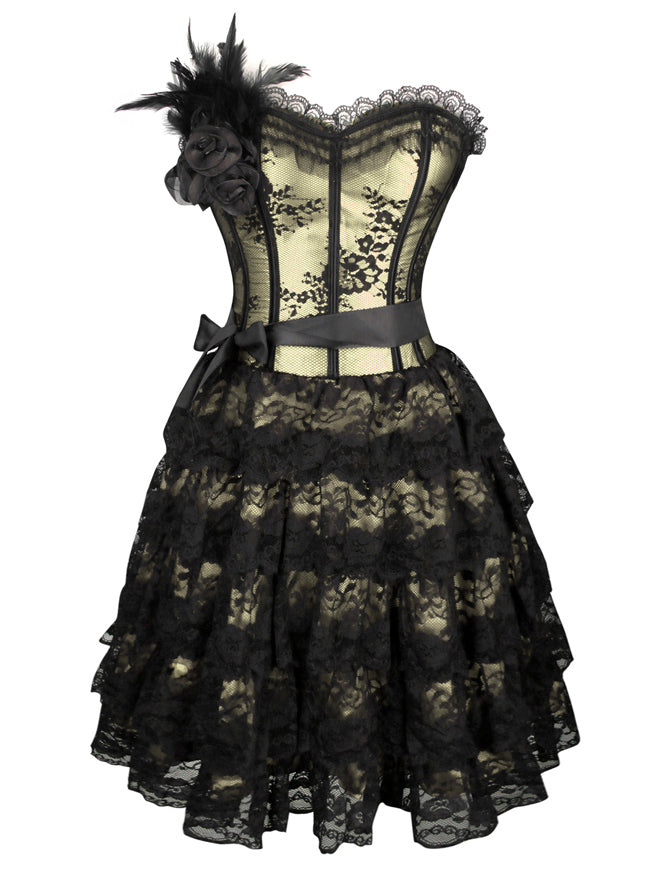 Burlesque Floral Lace Overlay Strapless Lace Up Bustier Corset Dress