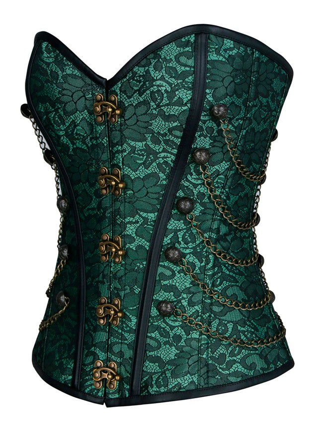 Steampunk Jacquard Spiral Spiral Steel Boned Busk Closure Outerwear Corset with Chains Green Main View