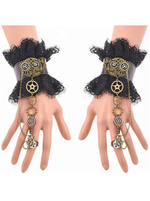 Steampunk Gothic Zubehör Gear Leder Spitze Armband Armband mit Ring