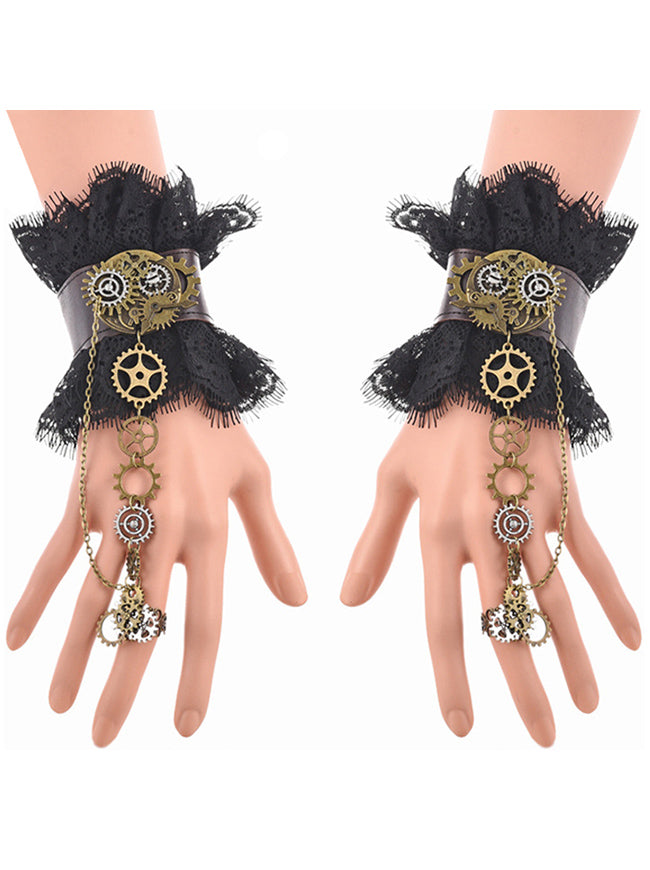 Steampunk Gothic Accessories Gear Leather Lace Wristband Bracelet with Ring