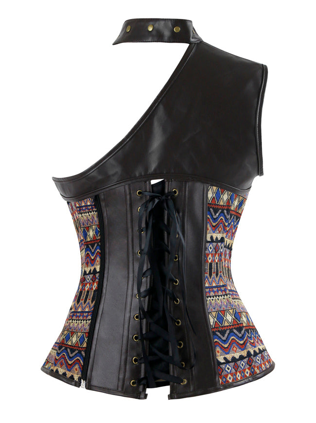 Women's Steampunk Steel Boned One Shoulder Bohemian Pattern Leather Overbust Corset with Shrug and Buckles Brown Back View