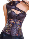 Women's Retro Steel Boned One Shoulder Bohemian Pattern Leather Shapewear Corset with Shrug and Buckles Brown Main View