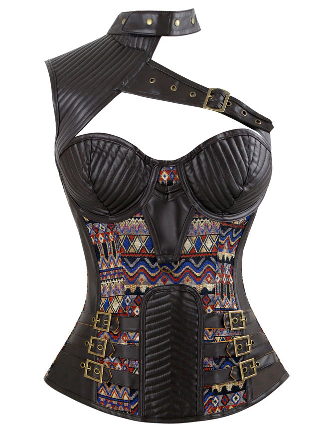 Gothic Steampunk One Shoulder Bohemian Pattern Leather Overbust Corset with Shrug and Buckles