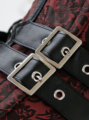 Elegant Brocade Spiral Steel Boned Corset with Buckles Red Detail View