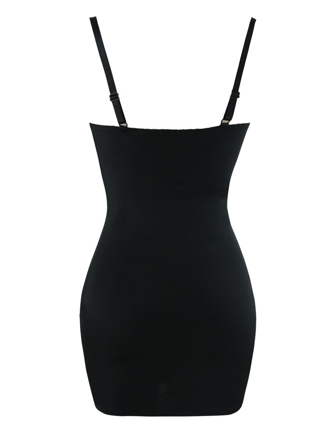 Women's High Quality Satin Lace Bodycon Mini Chemise Bustier Lingerie Beige/Black Back View