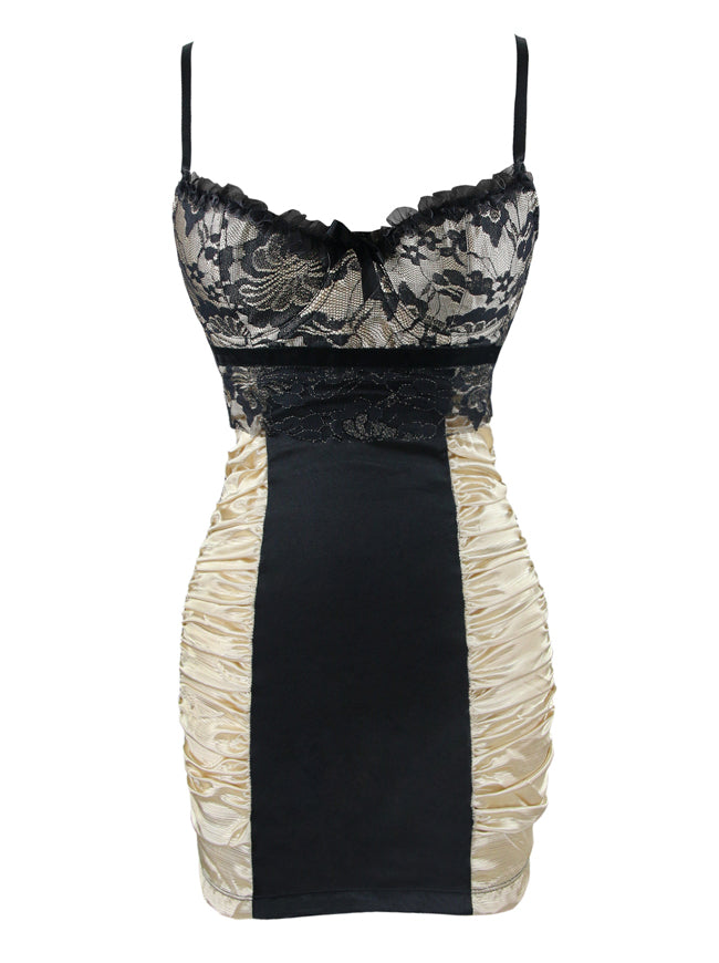 Women's Fashion Satin Lace Bodycon Mini Chemise Nightgown Bustier Lingerie Beige/Black Detail View