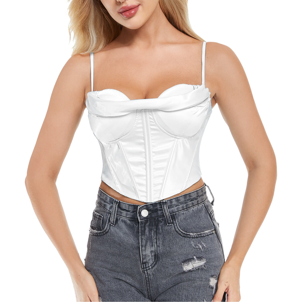 Women's Satin Spaghetti Strap Zip Back Clubwear Camis Crop Top Main View