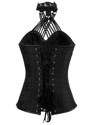 Victorian Halter Faux Leather Steel Boned Bustier Overbust Corset Black Back View