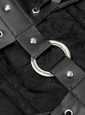 High Quality Halter Faux Leather Steel Boned Waist Cincher Corset Black Detail View