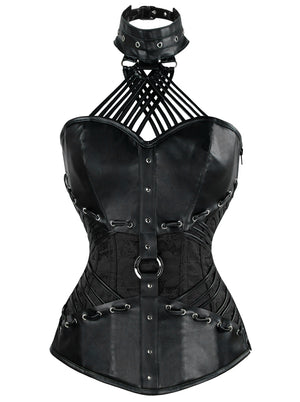 Steampunk Goth Halter Faux cuir Bustier en acier corset désossé